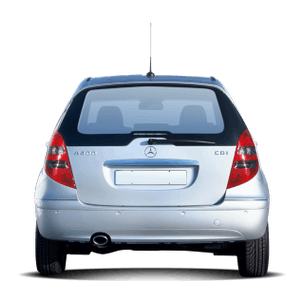 Rückansicht eines silbernen Mercedes-Benz A160 CDI mit Heckscheibenwischer, Emblemen und Antenne.