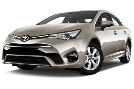 Beiger Toyota Avensis aus der Seitenansicht, stehend auf weißem Hintergrund. Moderne Limousine mit klaren Linien und glänzender Lackierung.