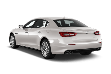 Silberner Luxus-Sportwagen, Rückansicht, mit vier Auspuffrohren und eleganten Linien. Steht auf weißem Hintergrund.