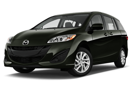 Schwarzer Mazda Minivan, frontal leicht nach links gedreht, auf weißem Hintergrund.