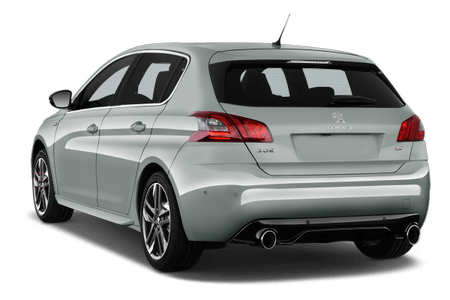 Silberner Peugeot 308 GT von hinten, stehend auf grauem Hintergrund, mit sportlichem Design und glänzenden Felgen.