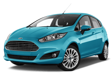 Türkisblauer Ford Fiesta-Kleinwagen, Vorderansicht, mit auffälligem Kühlergrill und modernen Scheinwerfern.