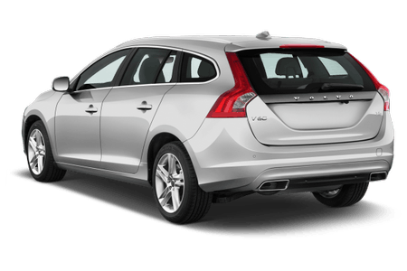 Silberner Volvo Kombi von hinten, mit markantem Heckdesign, Rücklichtern und Emblem.