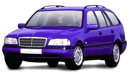 Lila Kombiwagen, Mercedes-Benz, Frontansicht, auf weißem Hintergrund, Scheinwerfer an, Dachreling, klare Karosserielinien.