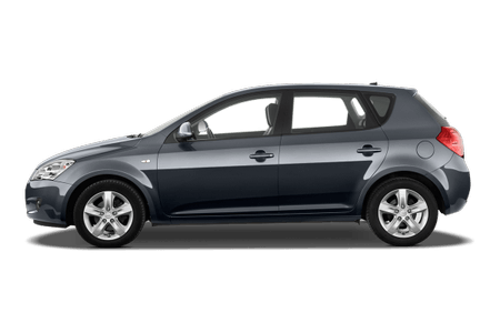 Seitliche Ansicht eines grauen, modernen Fünftürers auf weißem Hintergrund. Der Wagen hat Aluminiumfelgen und getönte Fenster.