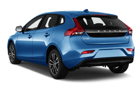 Blauer Volvo V40, Heckansicht. Kompakter Fünftürer mit markanten Rückleuchten und Schriftzug auf der Heckklappe.