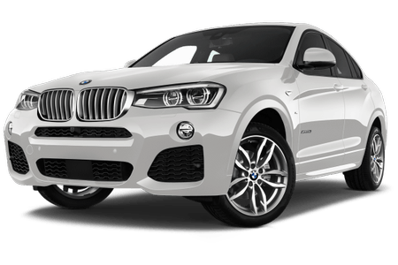 Weißer BMW X4 SUV, Frontansicht, glänzende Karosserie, markante Nieren, LED-Scheinwerfer, stilvolle Alufelgen, modernes Design.
