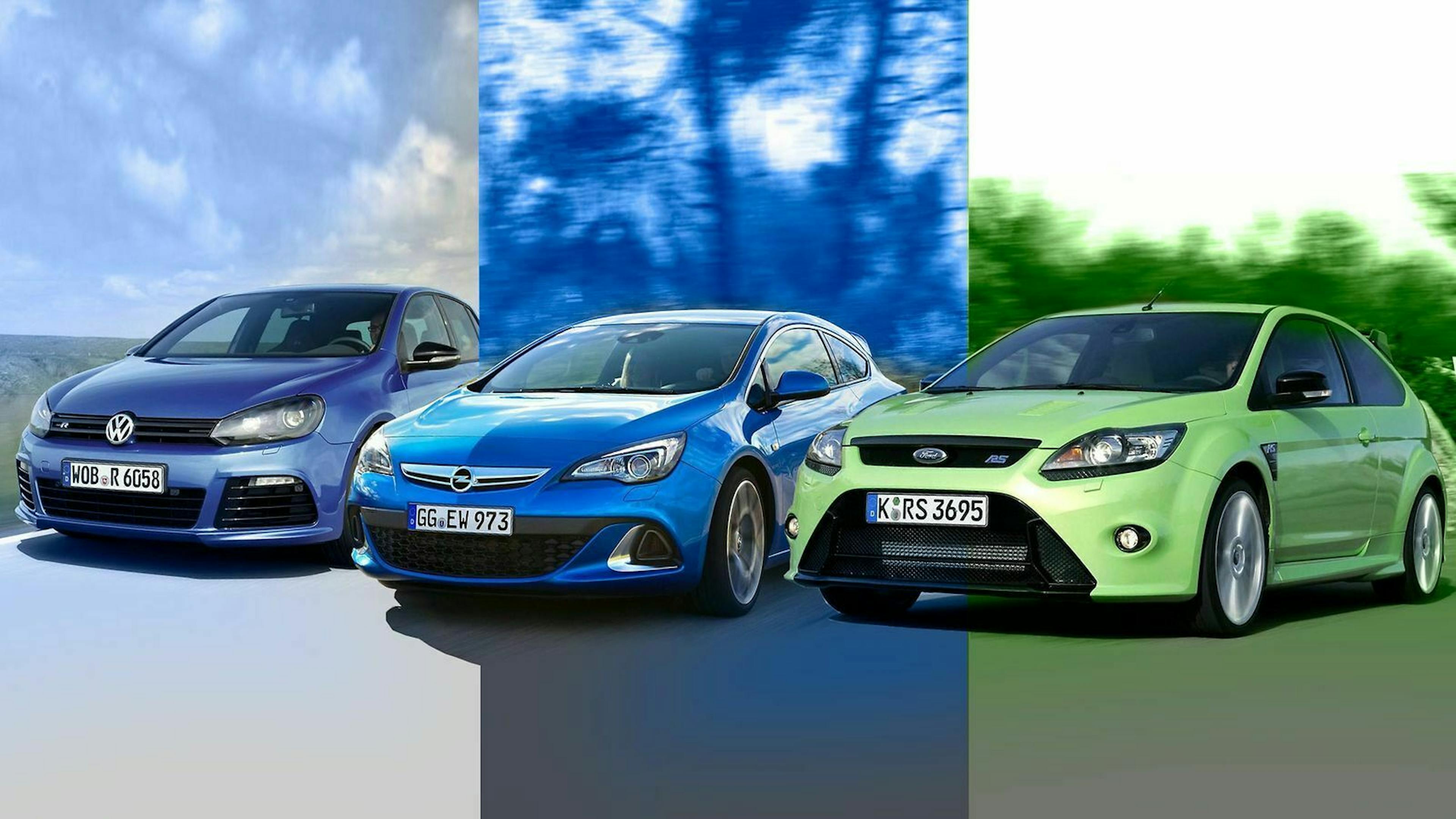 Links im Bild der Golf 6 R, in der Mitte der Opel Astra OPC und rechts der Ford Focus RS. 