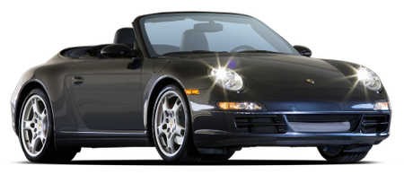 Schwarzes Cabriolet mit glänzenden Scheinwerfern, klassische Sportwagenform, silberne Felgen, vor neutralem Hintergrund.