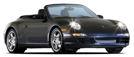 Schwarzes Cabriolet mit glänzenden Scheinwerfern, klassische Sportwagenform, silberne Felgen, vor neutralem Hintergrund.