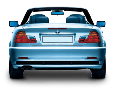 Silbernes Cabrio von hinten, ohne Kennzeichen, zwei schwarze Kopfstützen, elegantes Design, leicht schräg fahrend, klare Scheinwerferlinse.