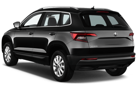 Schwarzer SUV, Seiten- und Rückansicht, geparkt vor weißem Hintergrund. Markenlogo ist sichtbar.