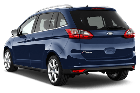 Blauer Ford C-Max von hinten, auf einem weißen Hintergrund. Das Auto hat fünf Türen und silberne Felgen.