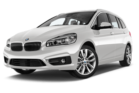 Weißer BMW 2er Gran Tourer, Vorderansicht, mit glänzendem Lack und markantem Kühlergrill, auf weißem Hintergrund.