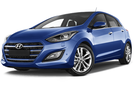 Blaues Auto, Hyundai-Modell, von schräg vorne fotografiert. Moderner, kompakter Fünftürer mit sportlichem Design und schwarzen Fenstern.