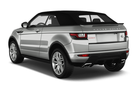 Silberner Range Rover Evoque Cabrio von schräg hinten fotografiert, mit geschlossenem Verdeck und schwarzem Heckspoiler.