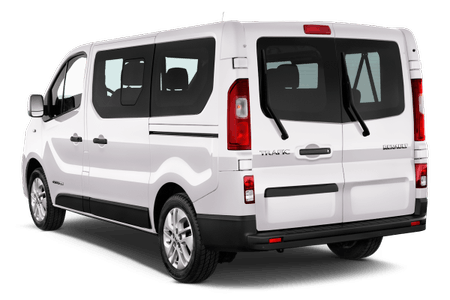 Weißer Kleinbus, Heckansicht, mit getönten Fenstern und Rücklichtern. Ideal für Personen- oder Frachttransport.