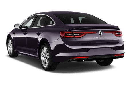 Lila Renault Talisman von hinten, geparkt auf einem weißen Hintergrund. Die Fahrzeugbeleuchtung ist ausgeschaltet.