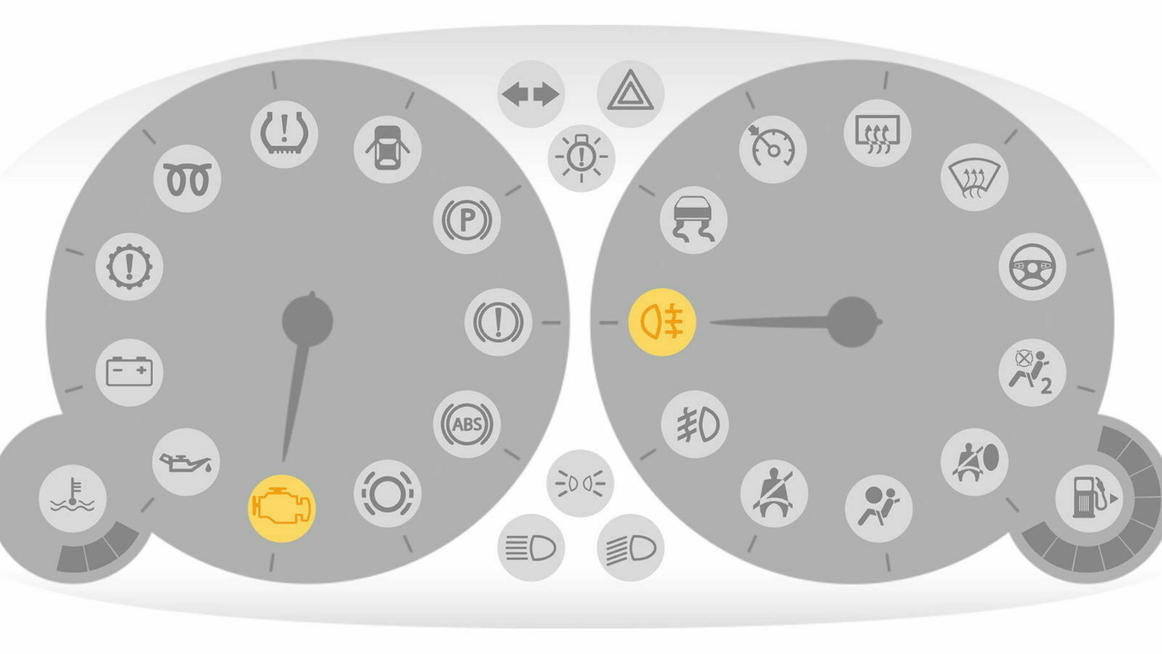 Nahaufnahme der gelben Kontrollleuchten am Armaturenbrett