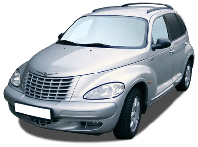 Silberner Chrysler PT Cruiser, Front- und Seitenansicht. Fahrzeug mit markantem Kühlergrill und auffälliger Karosserieform.