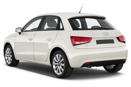 Weißer Audi A1, Heckansicht, geparkt. Kompakter Fünftürer mit Leichtmetallfelgen und schwarzer Antenne.