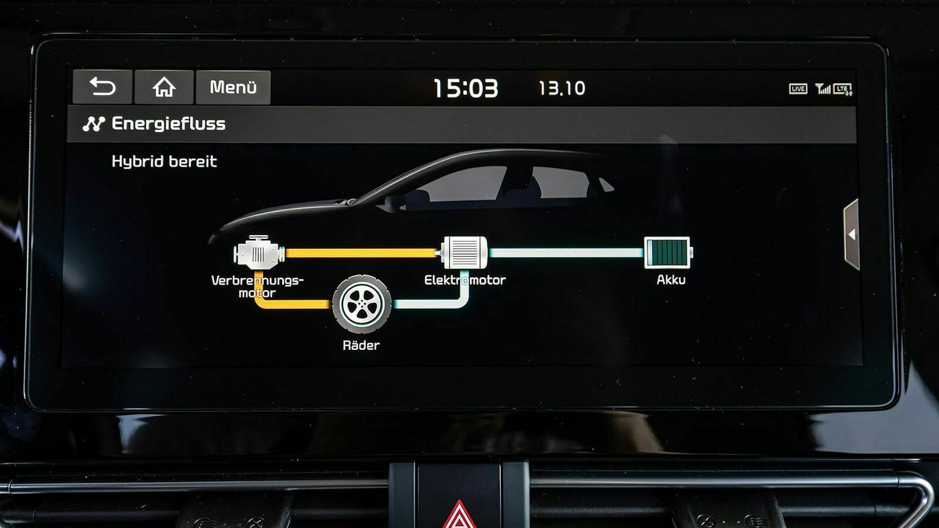 Das Infotainment-System zeigt den genauen Energiefluss zwischen dem Verbrennungsmotor, den Rädern, dem Elektromotor und dem Akku