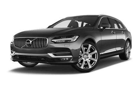 Dunkelgrauer Volvo Kombi auf transparentem Hintergrund, seitliche Frontansicht. Er zeigt stilvolles Design und elegante Linienführung.