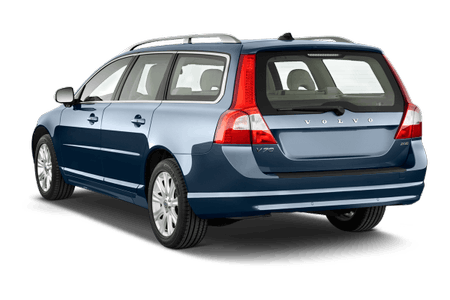 Blauer Volvo V70 Kombi, Rückansicht. Das Auto steht auf einem weißen Hintergrund und zeigt die Heckklappe und Rücklichter.
