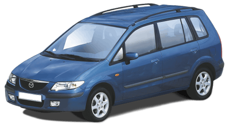 Blauer Mazda-Kompaktvan, seitliche Vorderansicht, auf hellem Hintergrund, mit fünf Türen und Dachreling.