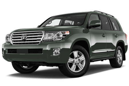 Grüner SUV, Toyota Land Cruiser, Ansicht von vorne-links, geparkt auf transparentem Hintergrund.