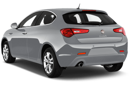 Silberner Kompaktwagen, Heckansicht. Rote Rückleuchten, schwarze Fensterumrandung, glänzend polierter Lack. Moderner, sportlicher Stil.