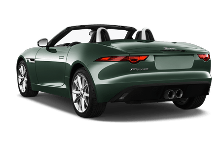 Dunkelgrüner Cabriolet-Sportwagen von hinten, mit geöffnetem Verdeck, silbernen Felgen und zwei Auspuffrohren.