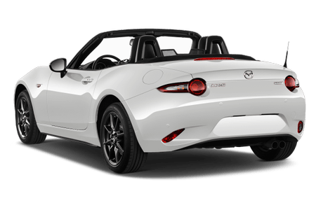 Weißes Cabriolet mit schwarzem Verdeck, sportliches Design, Rückansicht, offenem Verdeck, runden Rückleuchten und glänzenden Felgen.