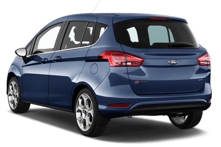 Blauer Ford B-Max, Rückansicht, geparkt, auf weißem Hintergrund. Kompakter Minivan mit großen Fenstern und Rückleuchten.