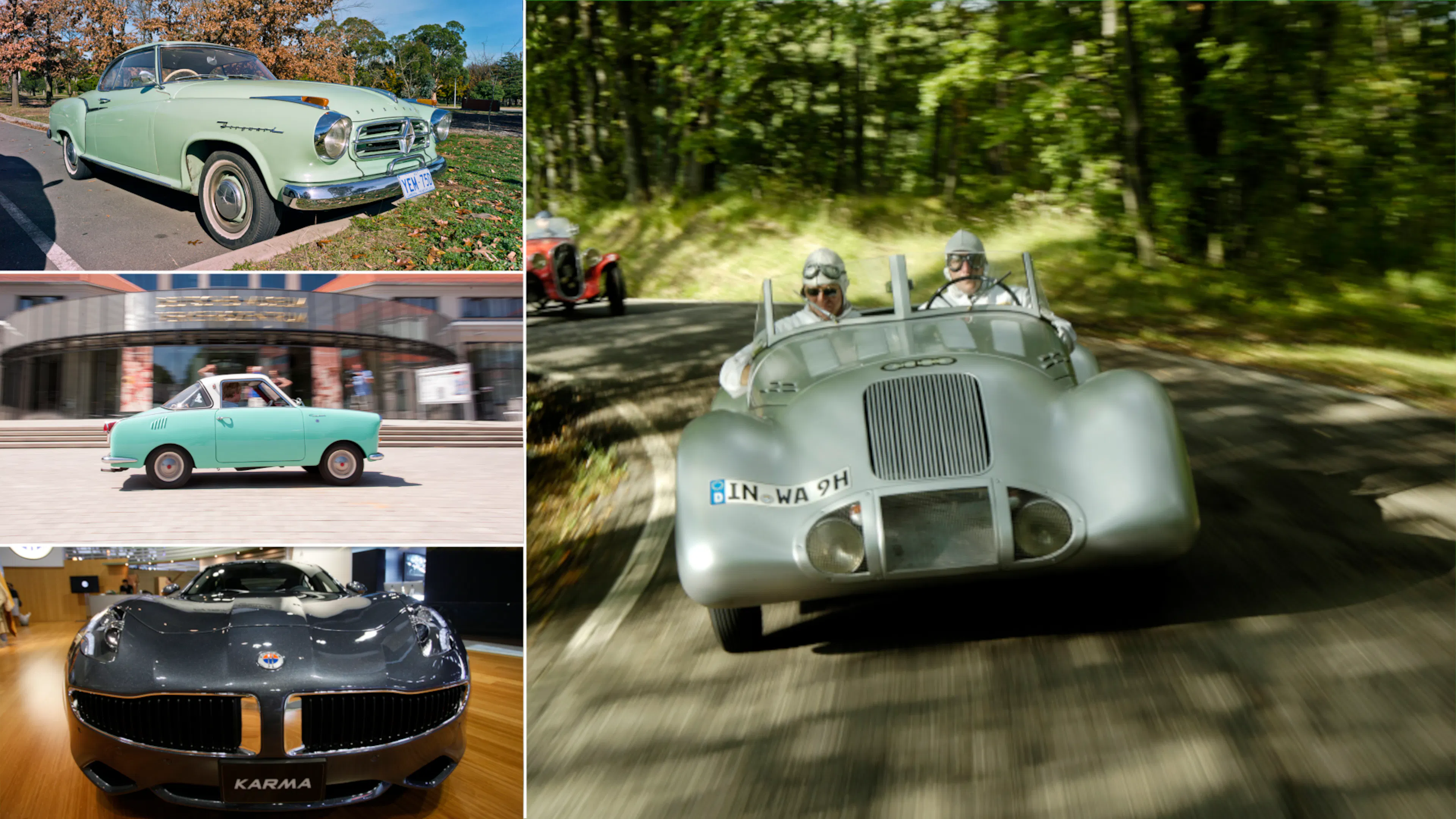 Bildcollage mit vier verschwundenen Automarken: ein silberner Wanderer-Rennwagen der Auto Union in Fahrt auf einer Landstraße, oben links eine hellgrüne Borgward Isabella, mittig links ein türkisfarbenes Goggomobil, unten links ein dunkelgrauer Fisker Karma auf einer Automesse