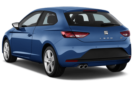 Blauer Seat Leon, Heckansicht, geparkt. Drei-Türer mit sportlichem Design, silberne Felgen, leicht getönte Heckscheibe.