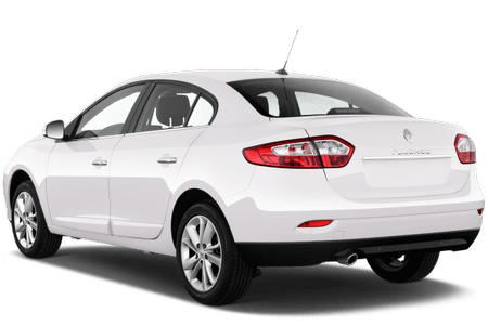 Weißer Renault Fluence von schräg hinten, zeigt elegantes Design mit markanten Rückleuchten und Antenne oben.