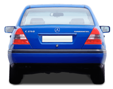 Blauer Mercedes C250 Turbodiesel von hinten, silbernes Logo, silberne Schriftzüge auf dem Kofferraumdeckel, Rücklichter und Kennzeichen sichtbar.
