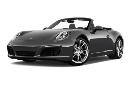 Graues Cabrio-Sportwagen, offen, mit eleganten Linien und glänzenden Felgen. Vorne zwei leuchtende Scheinwerfer, auf grünem Hintergrund.