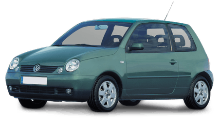 Grüner Kleinwagen, VW Lupo, Seitenansicht, auf weißem Hintergrund. Beiges Interieur, 3 Türen, Antenne auf dem Dach.