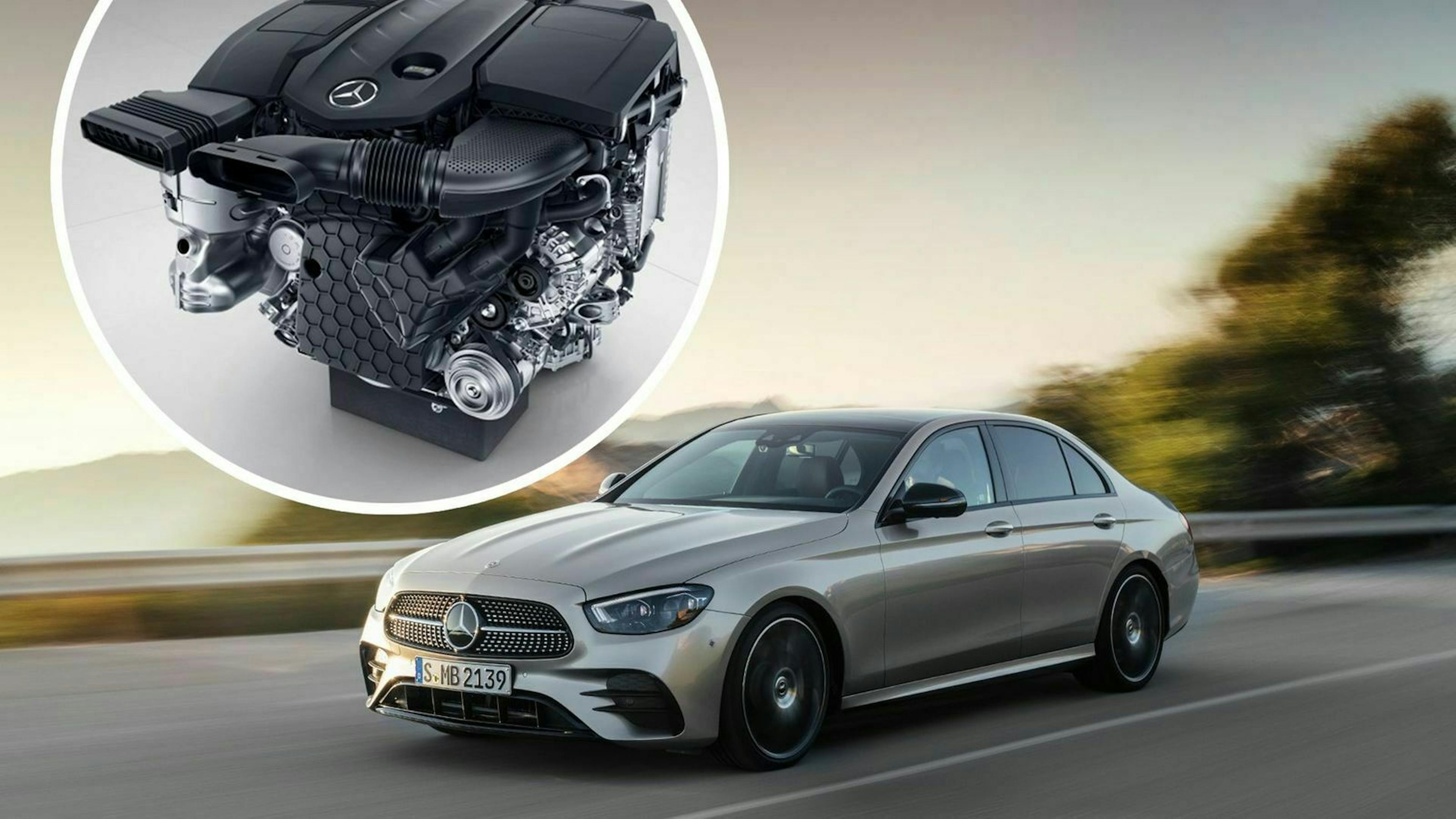 Mercedes E-klasse in Frontansicht mit Motor
