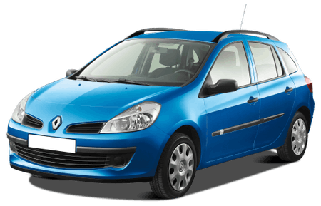 Ein blauer Fünftürer-Kompaktwagen mit silbernen Felgen, gesehen von vorne links, auf weißem Hintergrund.