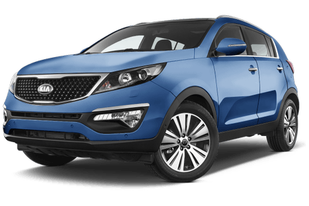 Blauer Kia SUV in einem dreiviertel Frontansicht, auf weißem Hintergrund, moderne LED-Scheinwerfer und markanter Kühlergrill.