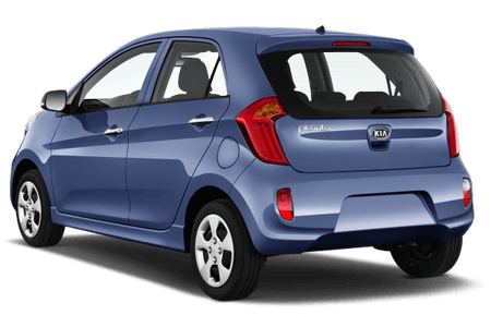 Ein blauer Kleinwagen, Kia Picanto, von hinten. Fünftürige Karosserie mit abgerundeten Kanten, sichtbare Rücklichter und Heckscheibe.