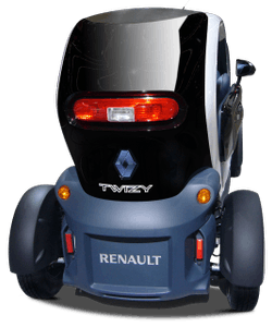 Ein Renault Twizy von hinten, ein kleines, elektrisch betriebenes Fahrzeug mit zwei Sitzen. Er hat ein schwarzes Dach und rote Rücklichter.
