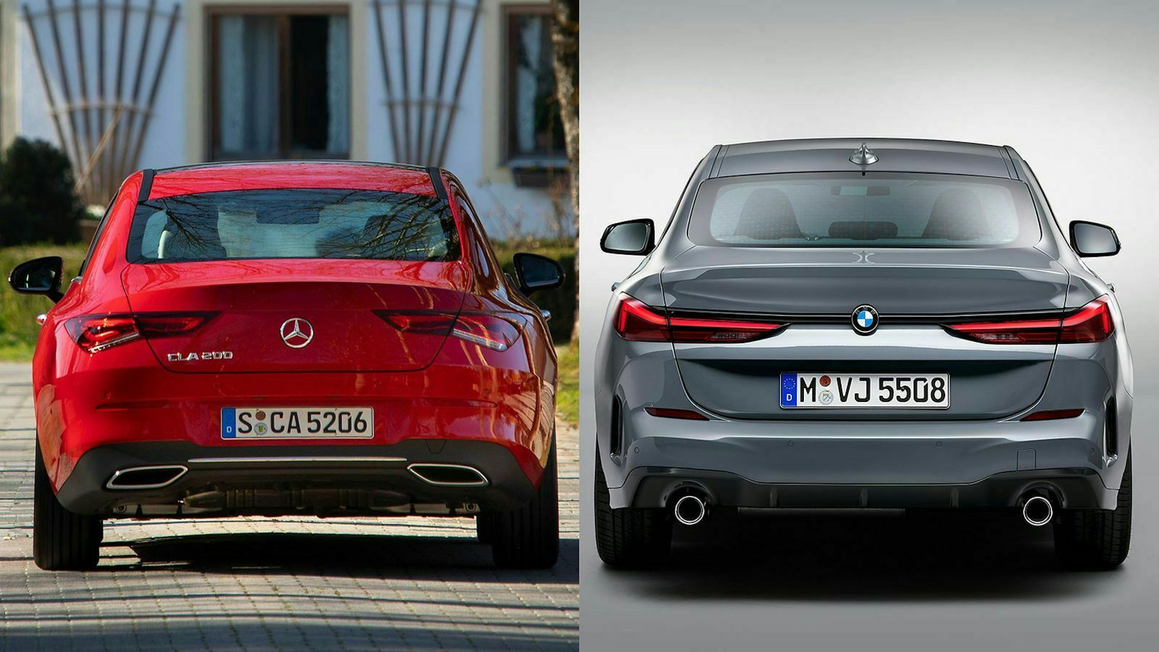 Das Heck des Mercedes CLA erinnert an das des Mercedes CLS.  Das Heck des BMW 2er Gran Coupé F44  wirkt sportlich