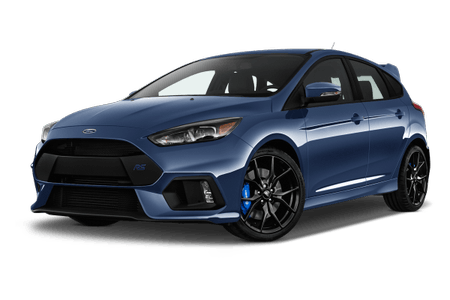 Blauer sportlicher Kleinwagen mit schwarzem Kühlergrill und Felgen, blaue Bremssättel, stilvolles und elegantes Design, fotografiert von schräg vorne.