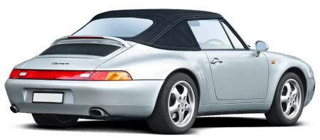 Silbernes Cabrio mit schwarzem Verdeck, stilvollem Design und sportlichen Felgen, von hinten gesehen.