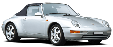 Silbernes Cabrio in seitlicher Ansicht auf weißem Hintergrund, mit schwarzen Verdeck und sportlichem Design.