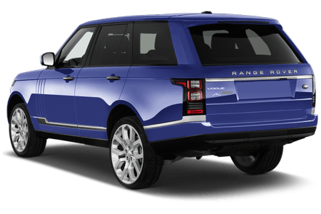 Blauer Range Rover von hinten, parkend. Großer SUV mit glänzender Lackierung und markantem Design.